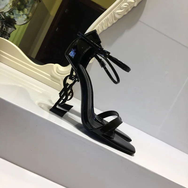 

all black patent leather soft comfortable lady sexy thin heels top quality lady business T-shaped lace-up High Heels sandals