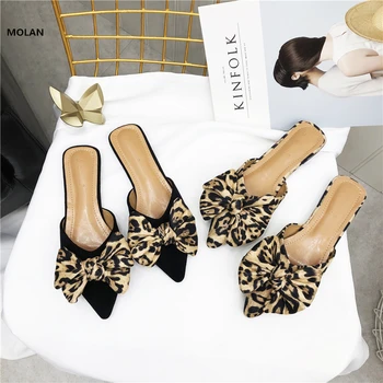 

MOLAN Brand Designer 2019 Autumn Korean Fashion Luxury Leopard Butterfly-knot Flat Slides Slip On Loafers Mules Flip Flops 35-40