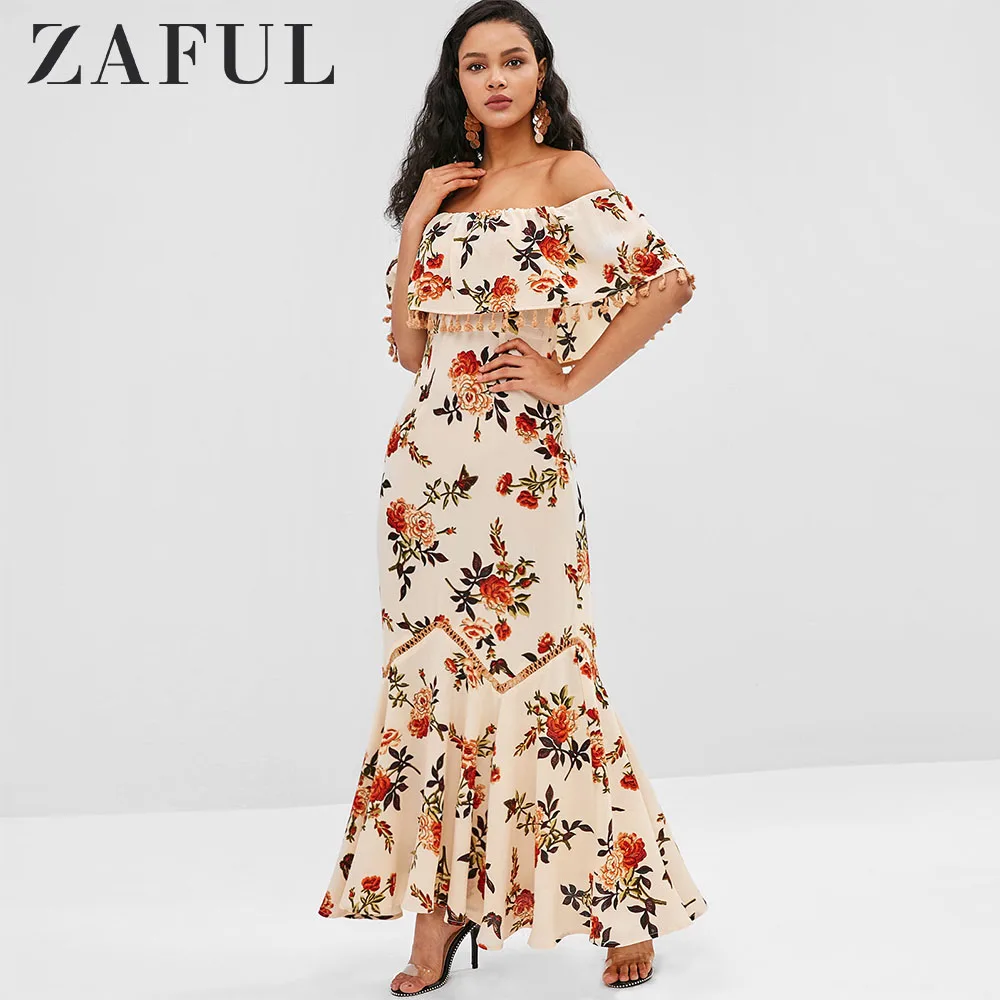 Женское длинное платье с кисточками и цветочным принтом ZAFUL винтажное макси