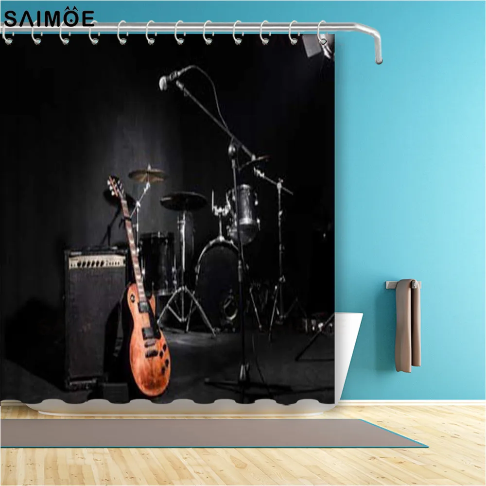 Musical Instruments Guitar with Drum in Black Waterproof Fabric Shower Curtain Bathing Cover Screen Sets | Дом и сад