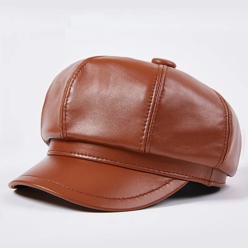 Women Genuine Leather Vintage Hat Women Sheepskin Newsboy Cap Baker Boy Cap High Quality Brand Ladies Winter Octagonal