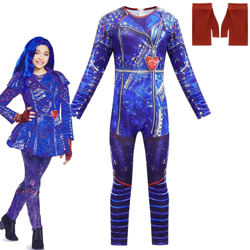 New Women Descendants 3 Evie Dark Blue Wavy Wig kids Adult Cosplay Costume+ Jumpsuits halloween costume for Children girls - Цвет: Package G