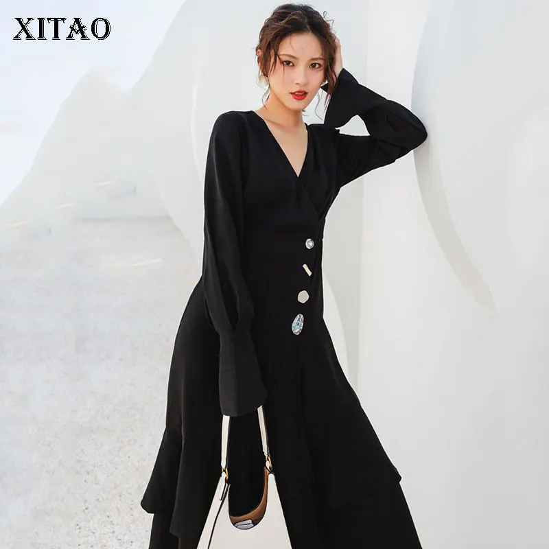 

XITAO Vintage Irregular Dress Women High Waist Pleated Slim Elegant V Neck Flare Sleeve Minority 2019 Autumn Dress WQR1889