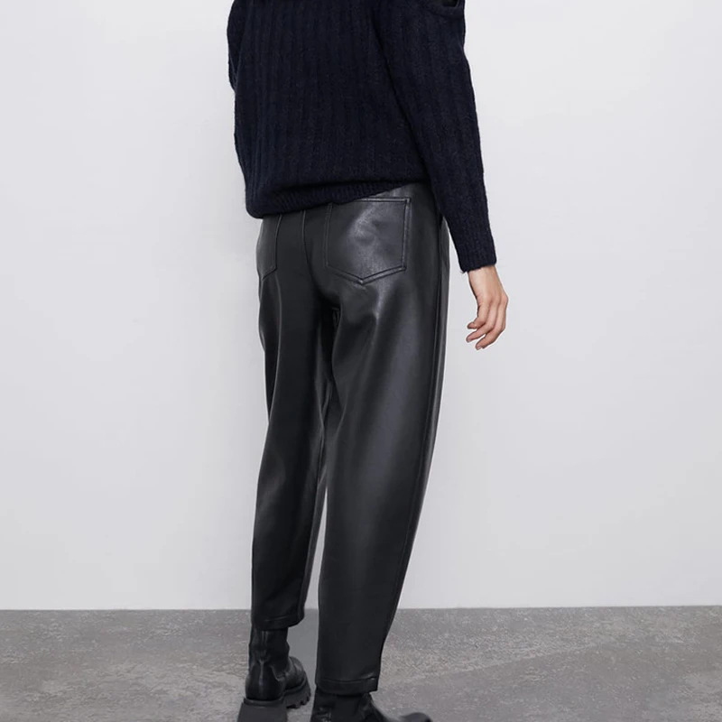Осенне-зимние женские брюки из искусственной кожи с высокой талией, женские шикарные повседневные свободные прямые брюки с карманами, женские широкие брюки Mujer