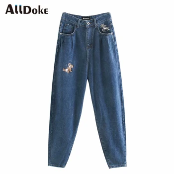 

ALLDOKE blue casual cartoon print denim pants women summer high waist vintage jeans boyfriend double pockets ladies long pants