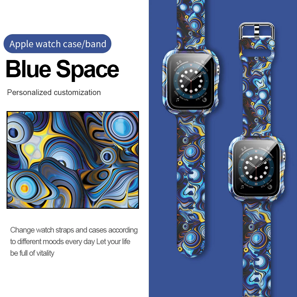 Case+Bands for Apple Watch Band 44 40 42 38mm with Screen Protector Cover, Glass+Silicon Wristband Strap for iWatch SE 654321