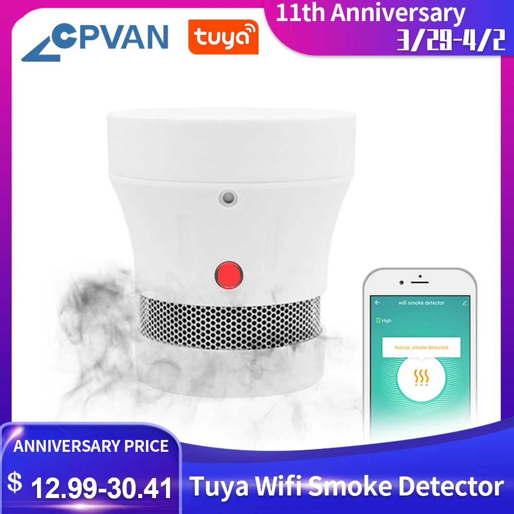 CPVAN Tuya-Detector de humo con Wifi, alarma de humo inteligente con certificado CE, protección contra incendios, 3 años de batería