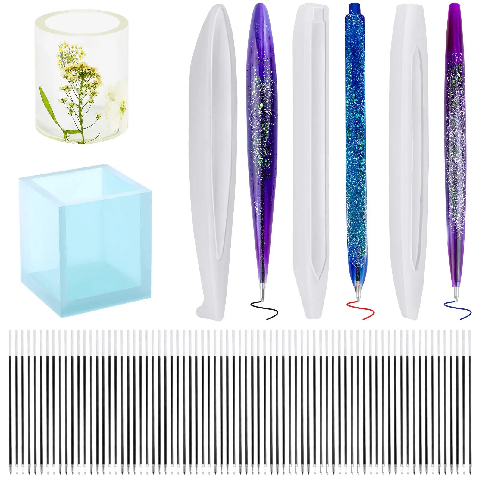 3 Pieces Cylinder Shaped Ballpoint Pen Silicone Molds with 75 Refill Pens and 2 Holder Mold |