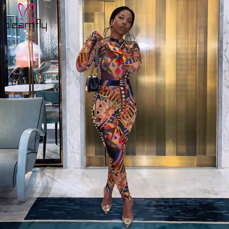 

Autumn Winter Long Sleeve Bodycon Jumpsuits Geometric Print Full Length Rompers Casual Club Night One Piece Vintage Playsuits
