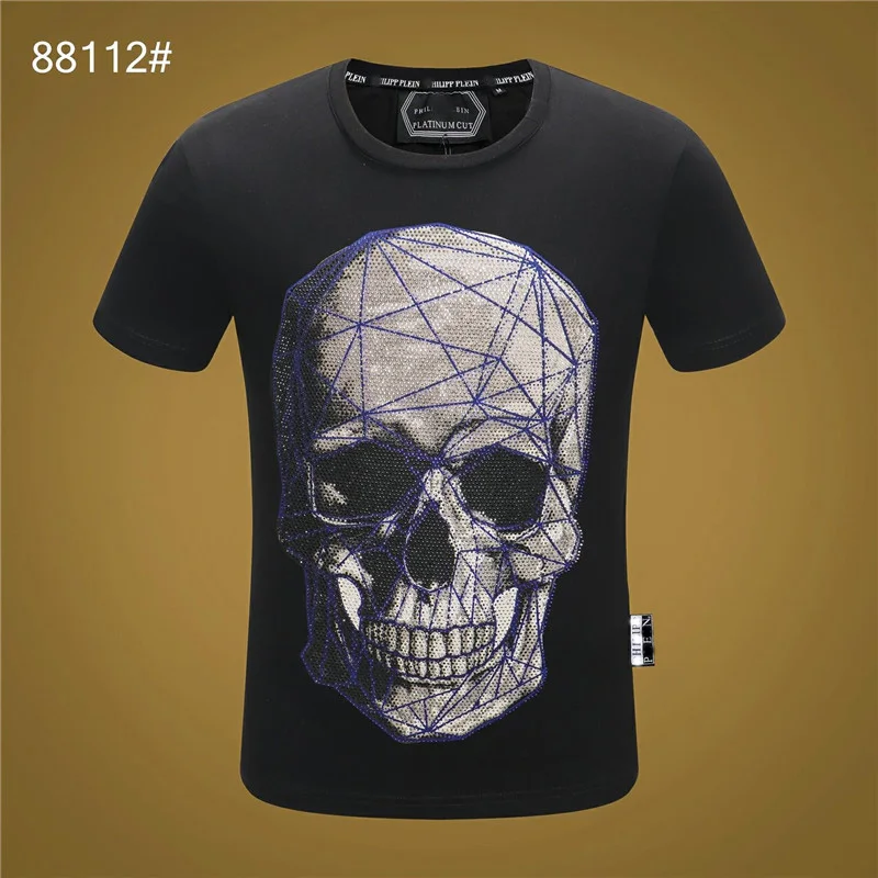 

Summer Hot Selling Men T Shirt Skull Print Plus Size qplein Tee Shirt For Handsome Guy Printed Crystal Skull T-Shirt