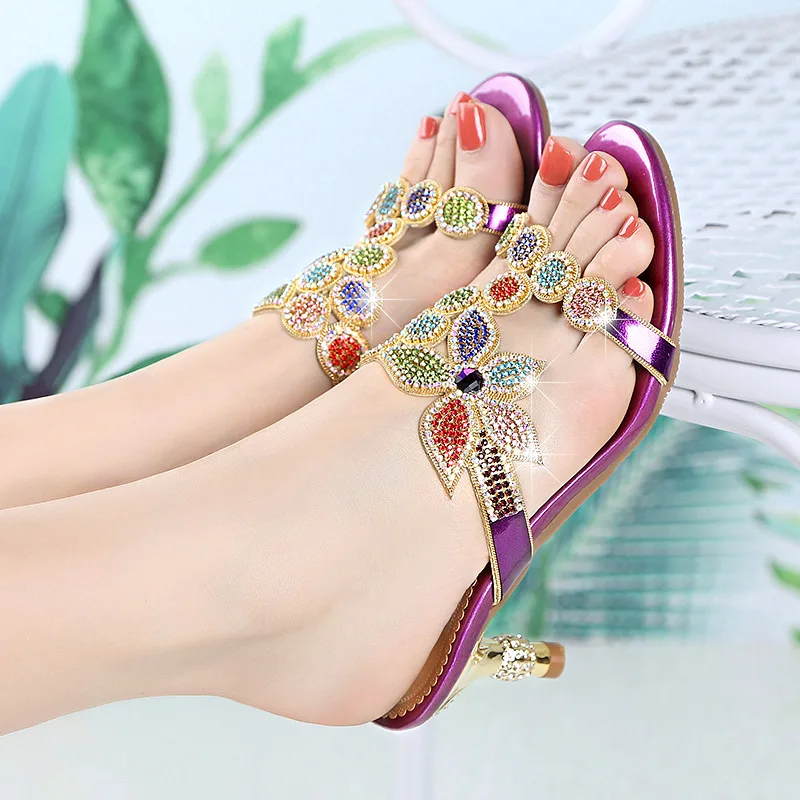 WUYAZQI Women's slippers thin heel inlaid with diamond women's slippers leather women's sandals fashion sandals women's shoes B8