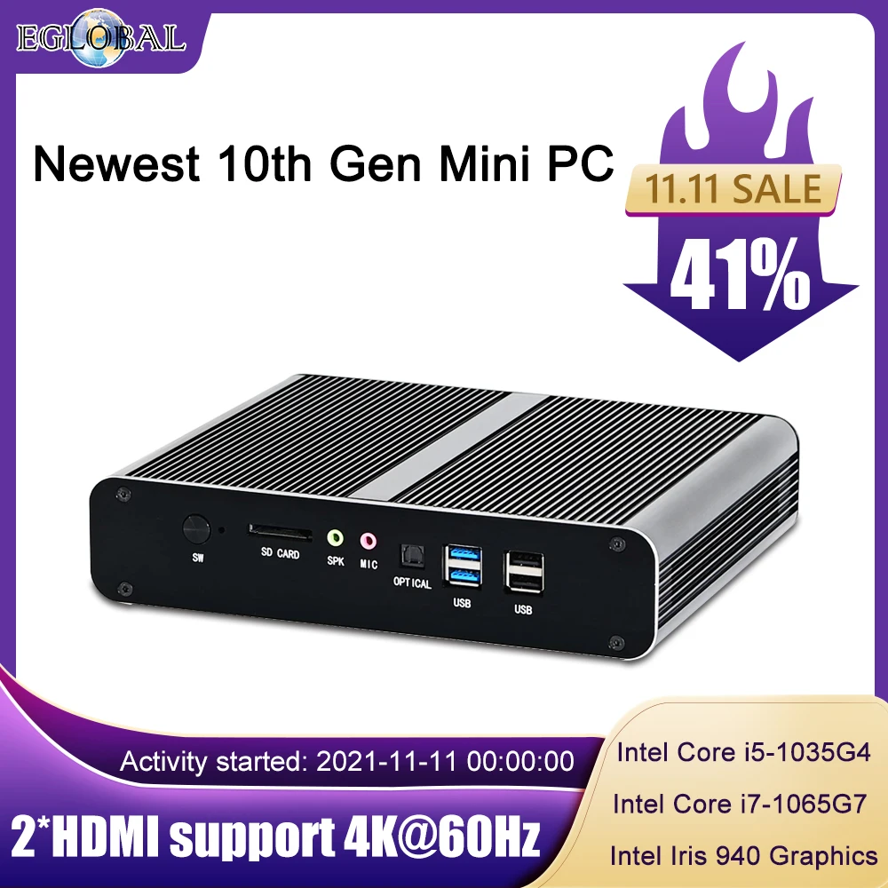 Eglobal Fan Mini PC Intel Core i7 1065G7 i5 1035G4 Windows 10 2HDMI2.0 2LAN SD Card 8USB Intel Iris 940 Office Desktop Computer