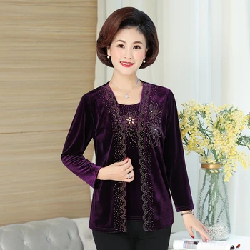 

Long Sleeve Fake Two Pieces Velvet Tops For Women Spring Fall Fashion Plus Size XL-5XL Middle Age Mother T-Shirt O-neck Clothes