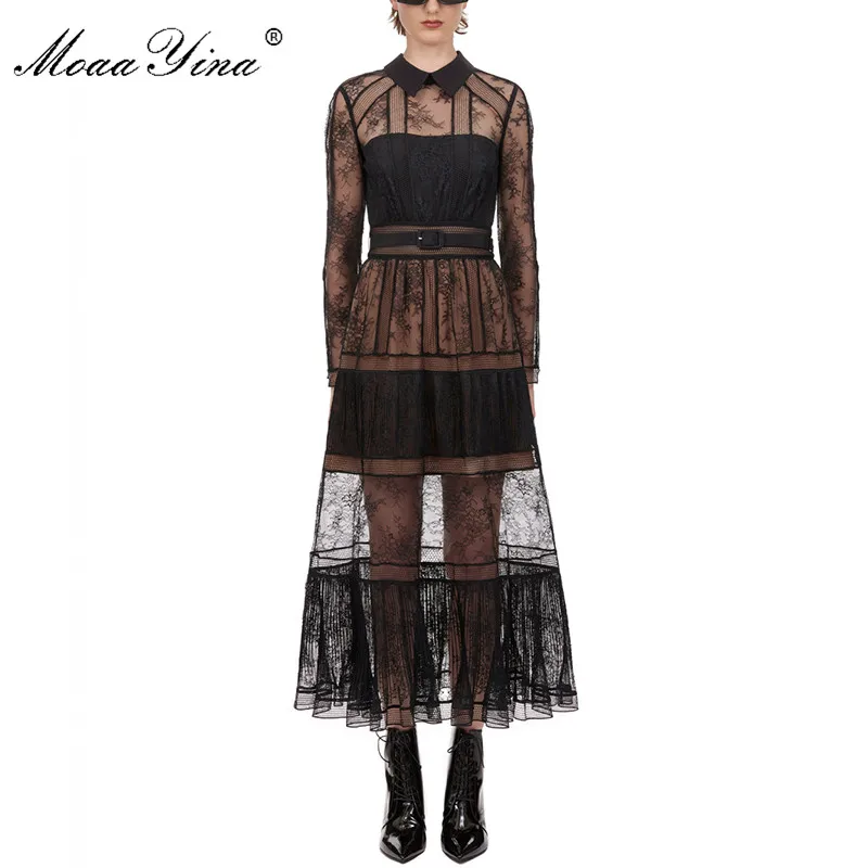MoaaYina, черное сексуальное женское платье с вырезами, длинный рукав, кружевные женские вечерние платья, высокое качество - Цвет: Черный