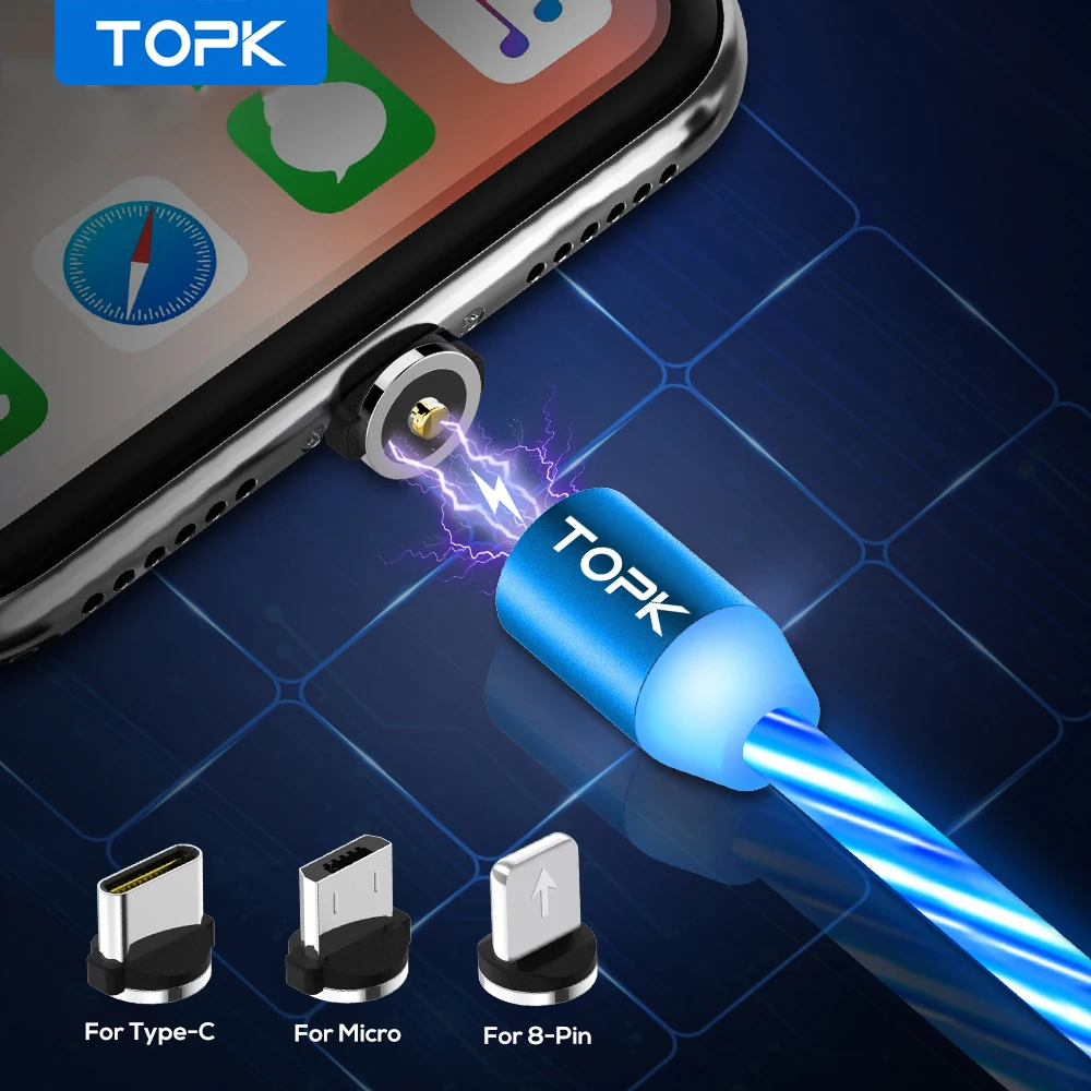 Магнитный USB кабель TOPK 1 м со светодиодной подсветкой для iPhone Xs Max 8 7 Plus|Кабели
