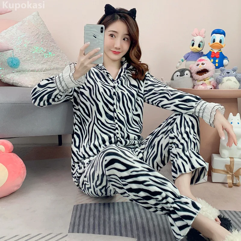 

Kupokasi Women Pajamas Fall/Winter Flannel Pyjamas Thicken Coral Fleece Warm Sleepwear Homewear 2-Piece Set Sleep Tops