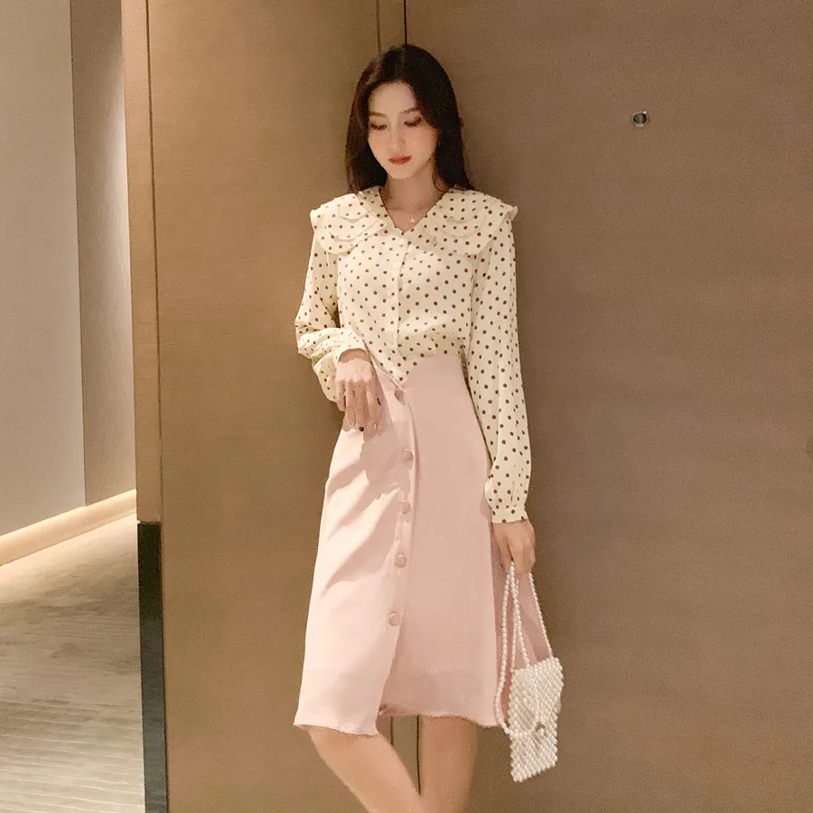 

2020 Spring Clothing Spring WOMEN'S Dress New Style Network Red Wave Point Long Sleeve Waist Hugging Button Skirt Two-Piece Set
