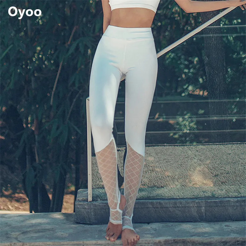 Oyoo кружевные лоскутные белые штаны для йоги милые Стремя леггинсы для спортзала с высокой талией, для фитнеса спортивные брюки для женщин - Цвет: Белый