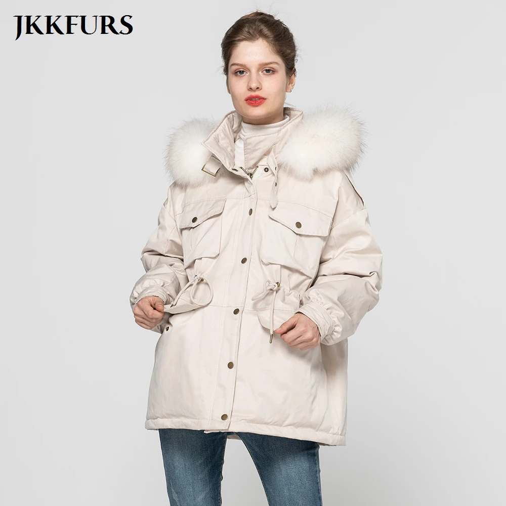 Зимнее пуховое пальто, женское белое пуховое пальто с воротником из натурального меха енота, женская теплая куртка, верхняя одежда большого размера S7623