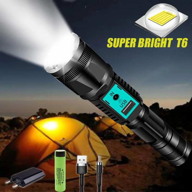 

Powerful USB DC Charging Flashlight Zoomable Flashlight 5 Modes Torch T6 LED Flashlight Use 18650 Battery Waterproof Torch