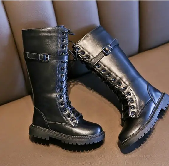 Осенне-зимние высокие сапоги для девочек; флисовые теплые детские сапоги принцессы для девочек; детские длинные сапоги из искусственной кожи; зимняя обувь в байкерском стиле