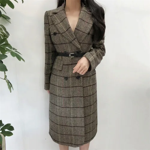 Gray brown Женское пальто, мода, Осень-зима, плед с отворотом, длинный, размера плюс, Женский Тренч, повседневное, Сельма, женское, сочетающееся, винтажное пальто - Цвет: Gray brown
