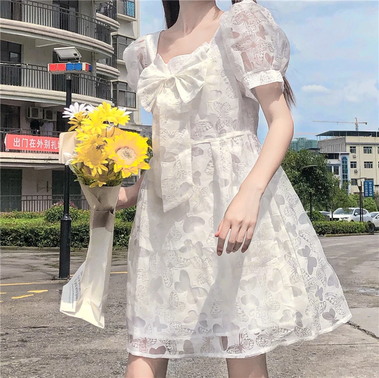 Japanese Summer Soft Girl Dress Sweet Square Collar Bow Cute Gauze Patchwork Puff Sleeve Dresses Kawaii White First Love Dress
