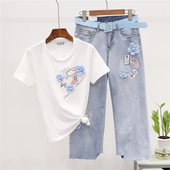 

Summer T shirt Women 2020 New Fashion Flowers Print Short sleeve T-shirt + Frayed Wide leg Nine Points Jeans Two Piece Set H017