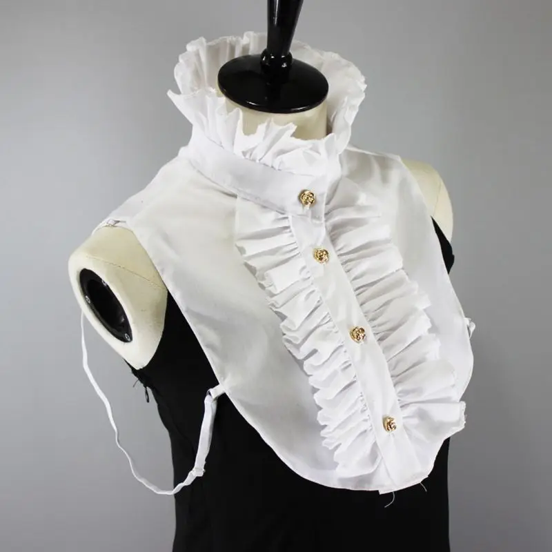 Womens Victorian Steampunk Vintage Half Shirt Blouse Stand-Up Lotus Ruffles Golden Button Down False Fake Collar