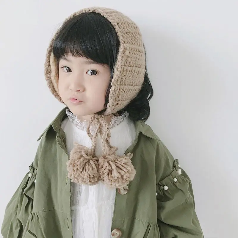 Children Girls Boys Crochet Knit Winter Hat Thicken Plush Lining Earmuff Solid Color Cute Pompom Ball Ear Warmer with Chin Strap