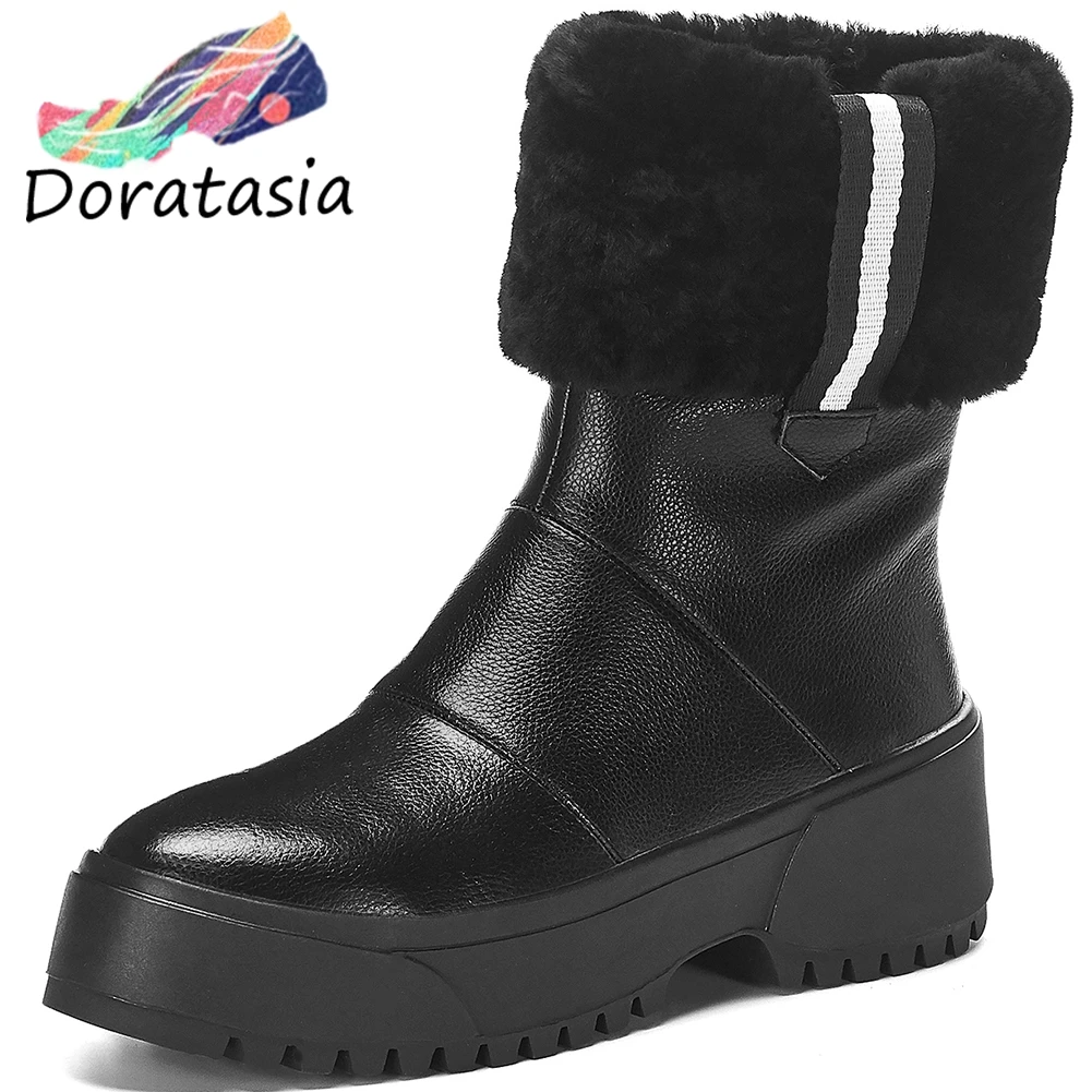 

DORATASIA New Brand Girl Winter Warm Booties Add Fur Genuine Leather Platform Ankle Boots Women 2019 Wedges Shoes Woman