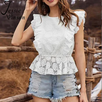 

Jessie Vinson Sleeveless Blouse Top Ruffles White Lace Blouse Women Tops and Blouses Summer Shirt Blouse Female T Shirt Casual
