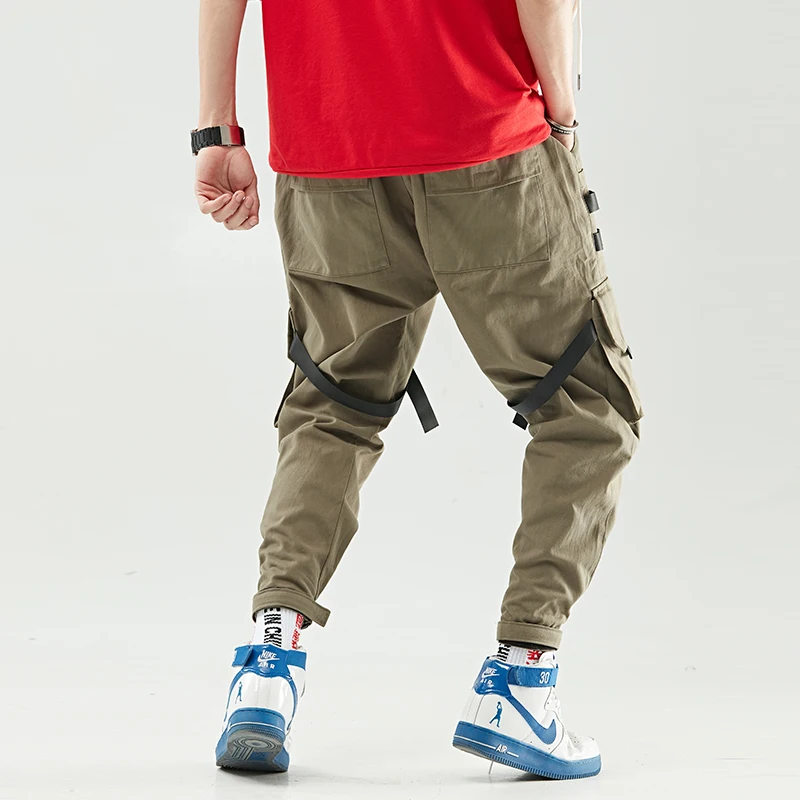 Vintage Mens Cargo Pants Multi-Pockets Webbing Design Men's Pants Black Green M-2XL Pantalones Hombres