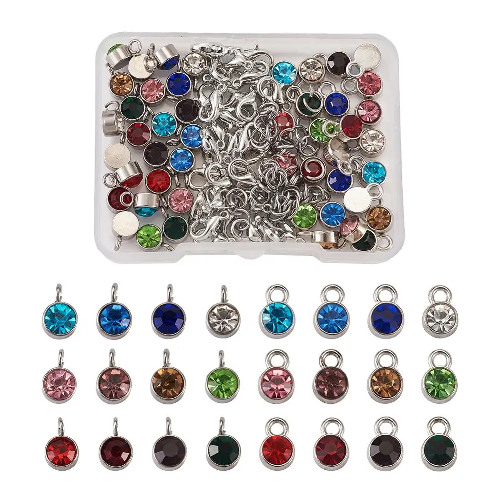 

144pcs/box Rhinestones Charms with Jump Rings Lobster Claw Clasps For DIY Pendant Necklace Bracelet Earrings Jewelry Accessories