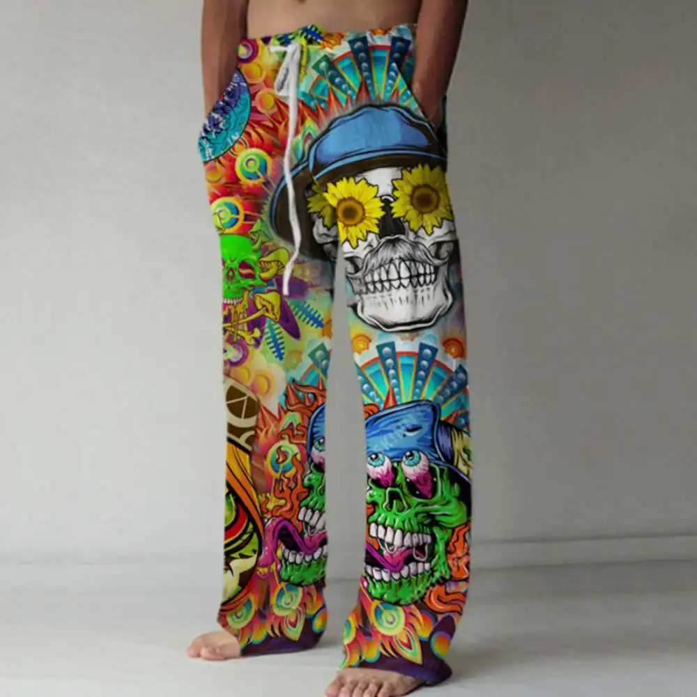 

Streetwear Men Pants Skull Print Summer Fashion New Mid Waist Lace Up Trouser Men Clothing Lugentolo