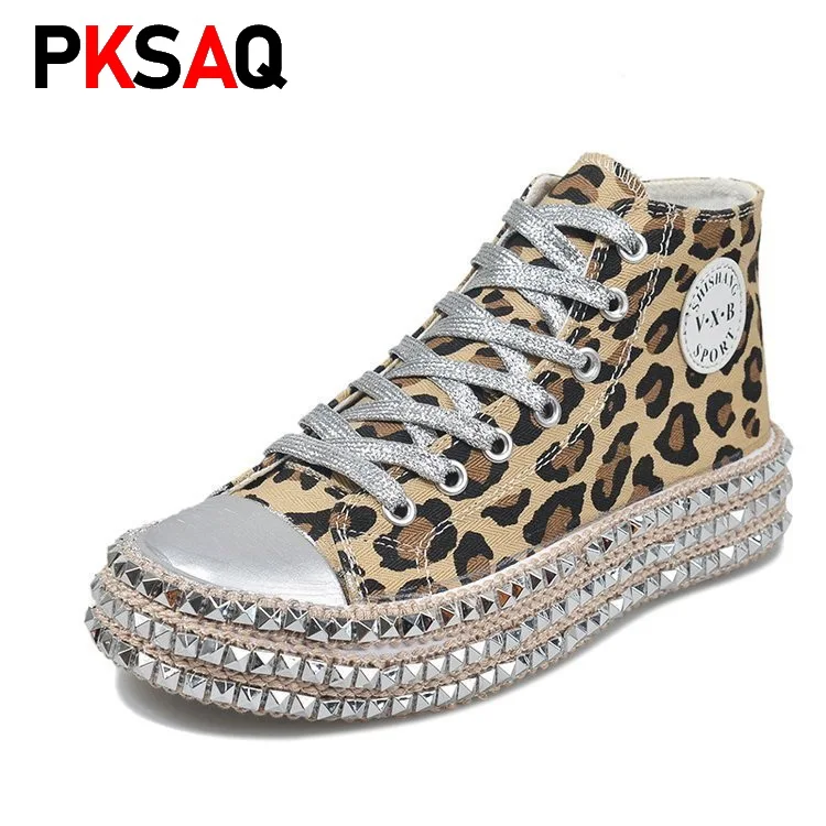 

Leopard Sequined Canvas Shoes Women Spring Autumn high top Willow Nail Thick Bottom Casual Women Shoes Sneakers