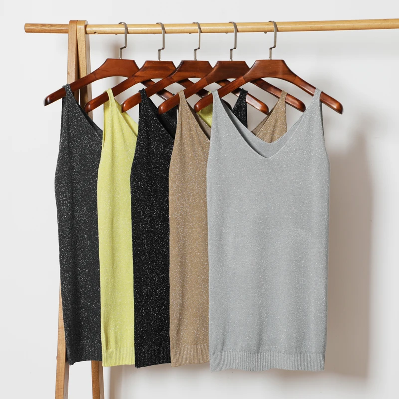 Женский трикотажный топ без рукавов GOPLUS однотонная Серебристая футболка с V