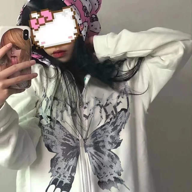 Y2k Butterfly Hoodie Women'S Zipper Harajuku Sweatshirt Fall/Winter Couples European And American Punk Oversized Hoodie Jacket L-0002 white