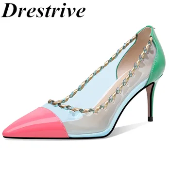 

Drestrive Women's Pumps PVC Thin Heels 7 cm Mixed Colors Pointed Toe Patent Leather 2020 Summer High Heel Shoes Chain Green
