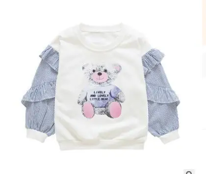 Осенний топ с длинными рукавами и рисунком для девочек, свободная хлопковая футболка в полоску с принтом медведя