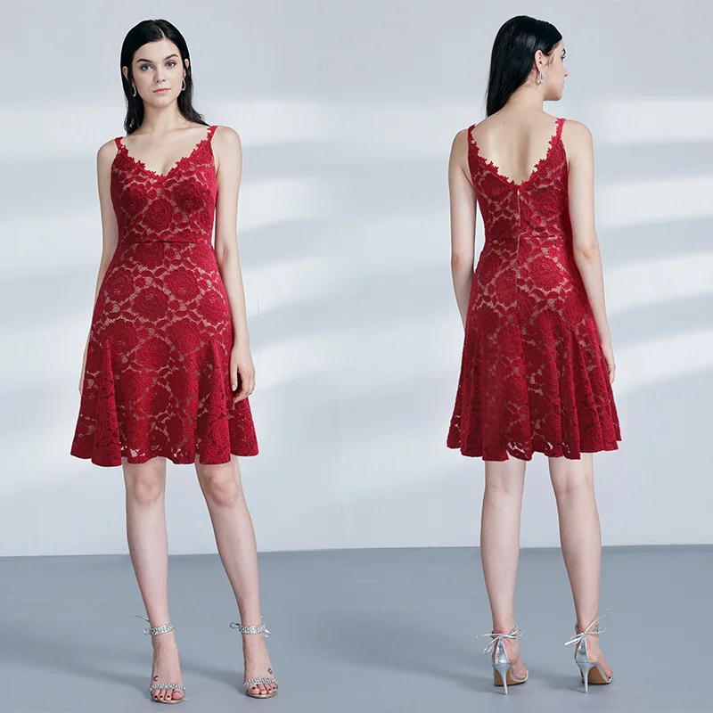 

Sexy Lace Cocktail Dress 2020 New Spaghrtti Straps Sleeveless Short-length Double V-neck Dress Zipper-up Dress