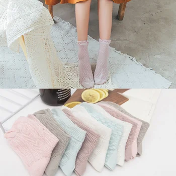 

5Pairs/Lot Spring Summer Solid Color Thin Mesh Lace Loose Crew Socks Cotton Women Hollow Crystal Boat Socks Retro Art Wholesale