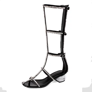

Bling Summer Boots Crystal Gladiator Boots Zip Transparent Crystal Heels Open Toe Women Sandals Belt Buckle Handmede Women Boots