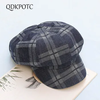 

QDKPOTC 2020 Hat Spring Autumn New Women Denim Newsboy Caps Retro Lattice Octagonal Hat Cotton Fashion Leisure Cap