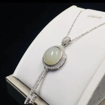 

Real 925 Silver Pendant Stone Natural White Jade Key-shape Inlay Zircon Amulet Pendants For Girls Women Gift