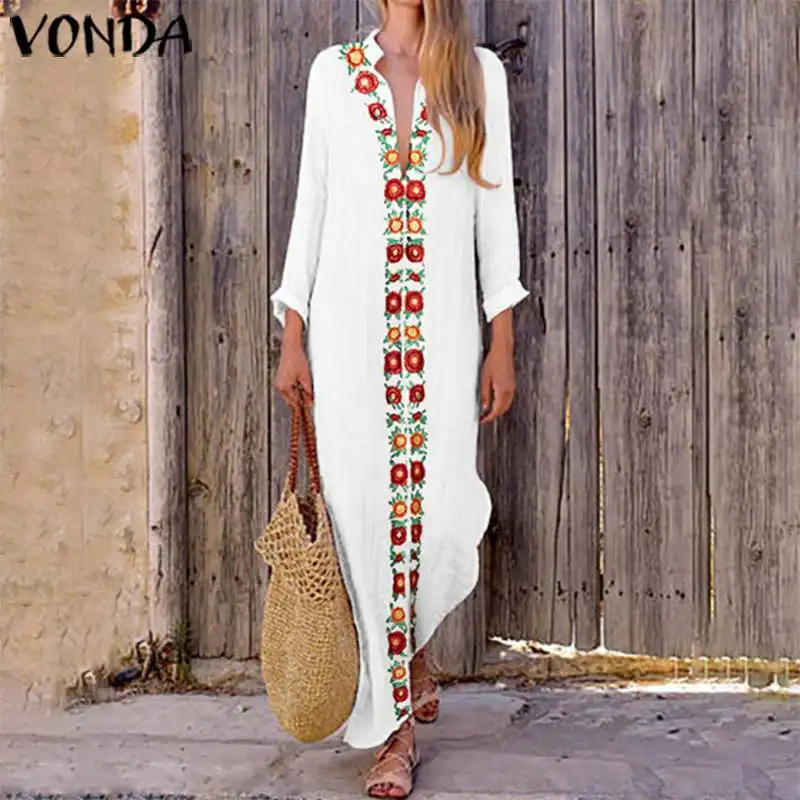 

VONDA Plus Size Maxi Long Dress 2019 Women Vintage V Neck Long Sleeve Bohemian Printed Dress Party Sundress Vestidos Robe Femme