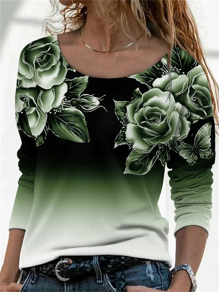 3D Floral Printing Long Sleeve Top Casual Women O-Neck T-Shirts Gradient Color Printed Loose Autumn Spring Fashion Clothes Lady t shirt oversize