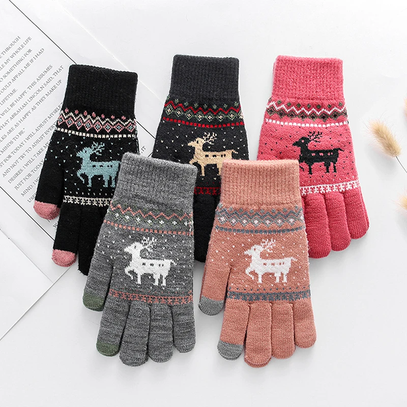 1 пара, Женские винтажные вязаные перчатки с рождественским оленем, утепленные перчатки с сенсорным экраном, зимние теплые варежки с изображением снежного лося, полный палец, рождественский подарок