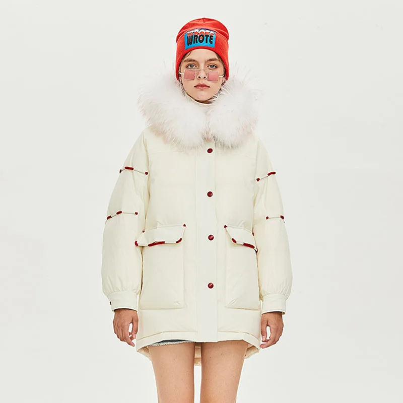 

women's white duck down jacket real fur puffer quilted coat high-quality hood lightweight oversize parka cotton clothesAA1906309