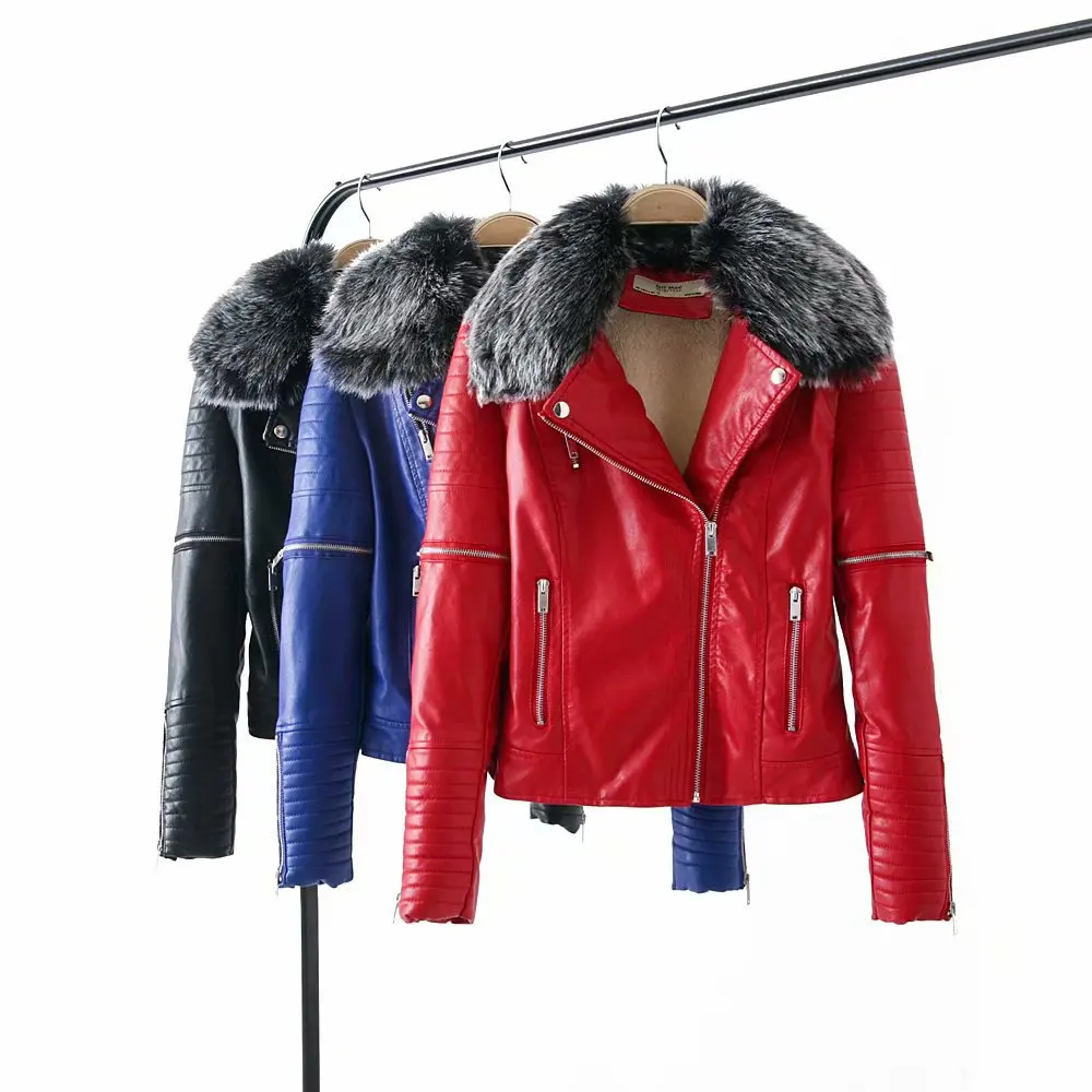 

2018 Autumn And Winter New Style Fur Collar Zipper Handsome Versatile WOMEN'S Leather Top Short Slimming plus Velvet Long-sleeve